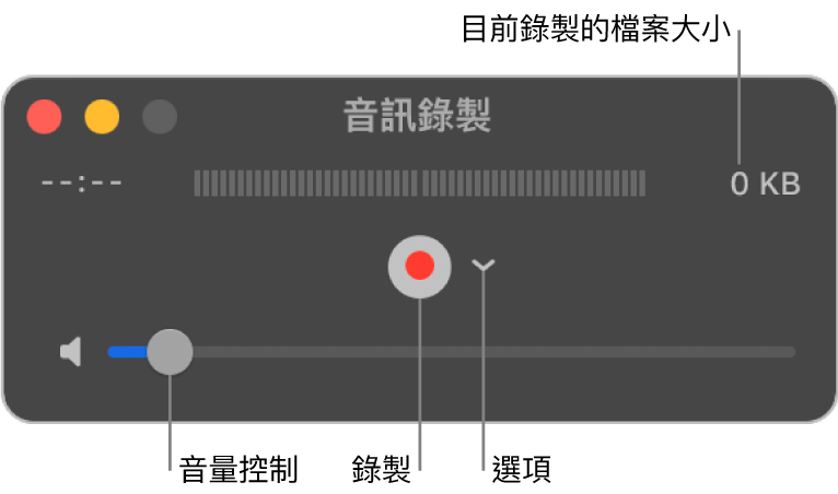 「音訊錄製」視窗，視窗中央帶有「錄製」按鈕和「選項」彈出式選單，底部則有音量控制項目。