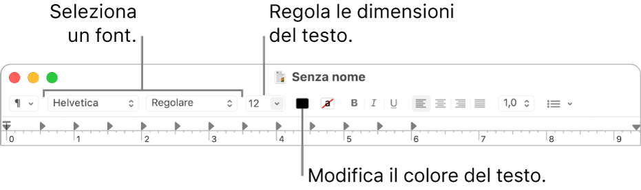 Regolare le dimensioni, il colore e il font del testo.