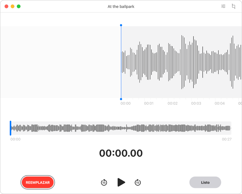 Una Nota de voz grabándose. Arrastra la línea vertical azul (el cursor de reproducción) a la vista general en forma de onda inferior hacia donde quieras editar.