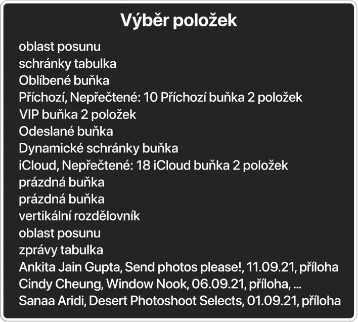 Výběr položek má podobu panelu, který obsahuje například prázdnou oblast posuvu, zavírací tlačítko, nástrojový panel nebo také tlačítko Sdílet.