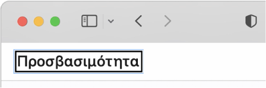 Ο δρομέας VoiceOver –ένα σκούρο ορθογώνιο περίγραμμα– με την εστίαση στη λέξη «Προσβασιμότητα» στην οθόνη.