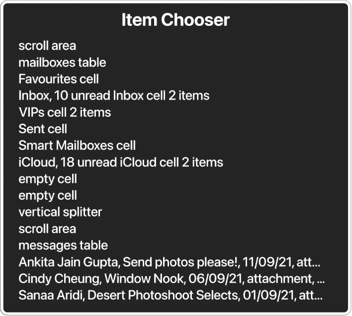 The Item Chooser is a panel that lists items such as empty scroll area, close button, toolbar and Share button, among others.