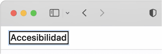 El cursor de VoiceOver, un contorno rectangular obscuro, enfocado en la palabra "Accesibilidad" en la pantalla.