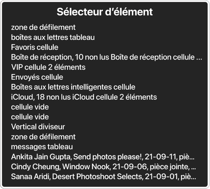 Le sélecteur d’élément est une sous-fenêtre qui répertorie des éléments, notamment une zone de défilement vide, un bouton de fermeture, une barre d’outils et le bouton Partager.