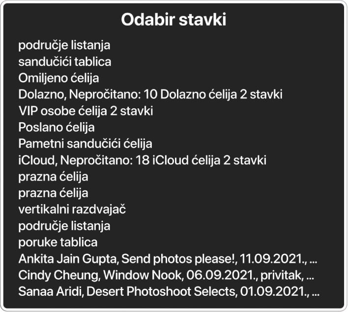 Izbornik stavki je prozor koji između ostalog navodi stavke poput praznog područja za listanje, tipke za zatvaranje, alatne trake i tipke za dijeljenje.