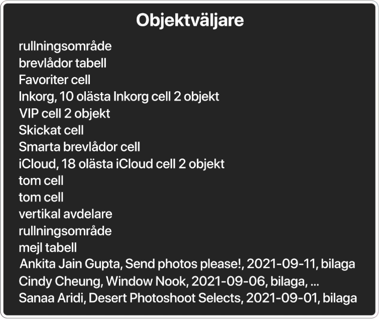 Objektväljaren är en panel med listor över objekt som tomt rullningsområde, stängningsknapp, verktygsfält och delningsknapp med flera.