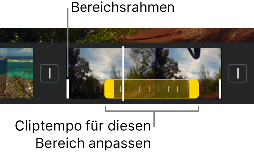 Ein Tempobereich mit gelben Aktivpunkten in einem Videoclip in der Timeline, mit weißen Linien im Clip, die die Bereichsrahmen markieren