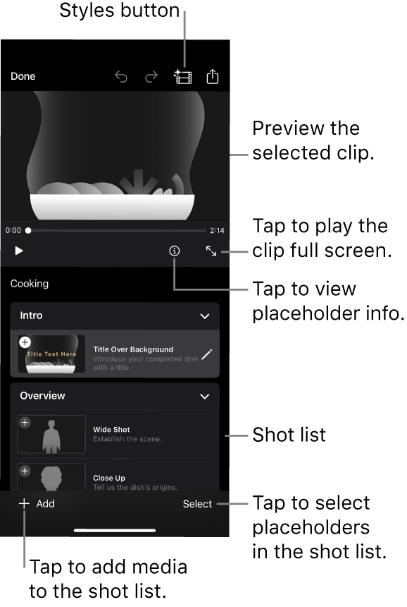 An open Storyboard project, with the selected placeholder clip appearing in the viewer and the shot list below.