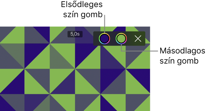 A megtekintő, amelyben egy zöld és kék mintás háttér látható, a jobb felső sarokban pedig az elsődleges és a másodlagos Szín gomb.