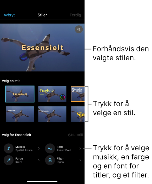 Visningsvinduet viser en forhåndsvisning av en valgt stil, med stilvalg under. Knapper for å legge til musikk, velge farge og font for titler og bruke et filter vises nederst på skjermen.