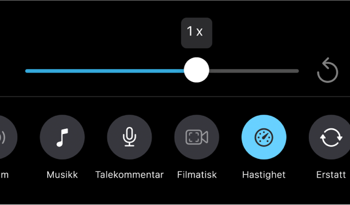 Skyveknappen for hastighet er satt til 1 x hastighet, med Tilbakestill-knappen til høyre og Hastighet-knappen under.