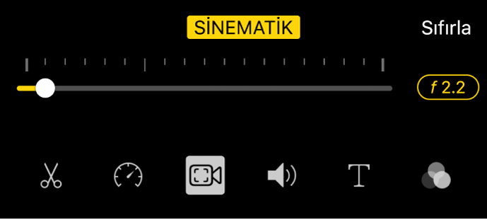 Sinematik düğmesine dokunduğunuzda kullanılabilen Alan Derinliği sürgüsü.