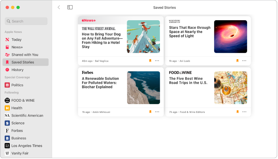 The Apple News window showing Saved Stories selected in the sidebar and four saved stories arranged in a grid on the right.