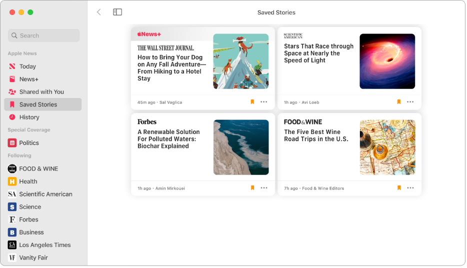 The Apple News window showing Saved Stories selected in the sidebar and four saved stories arranged in a grid on the right.