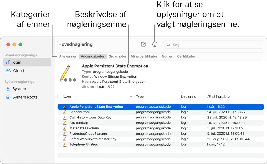 Vinduet Hovednøglering. Til venstre vises en liste med dine nøgleringe. Øverst til højre er der en liste med emnekategorier i den valgte nøglering (f.eks. Adgangskoder). Nederst til højre er en liste over emner i den valgte kategori, og over listen over emner er en beskrivelse af det valgte emne.