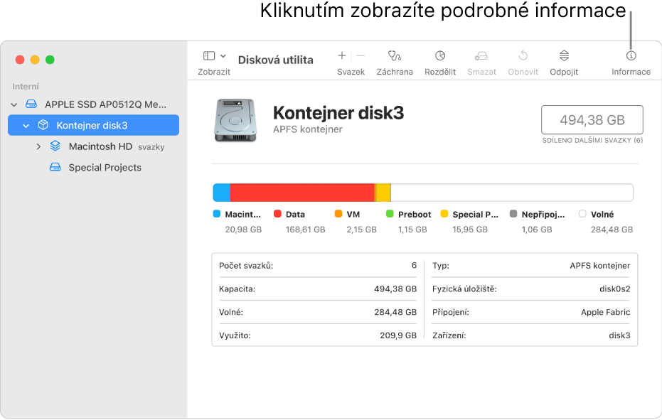 Okno Diskové utility s úložným zařízením vybrané’ým na bočním panelu a informacemi o zobrazeném zařízení napravo