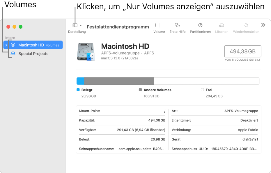 Fenster des Festplattendienstprogramms in der Darstellung „Nur Volumes anzeigen“.