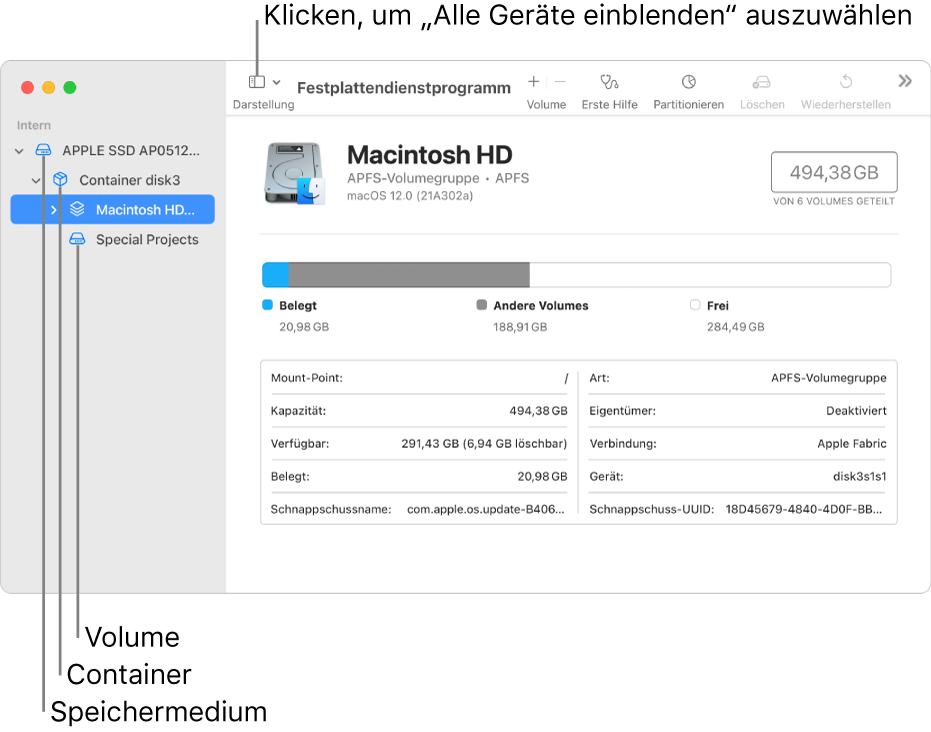 Fenster des Festplattendienstprogramms in der Darstellung „Alle Geräte einblenden“ mit drei Volumes, einem Container und einem Speichergerät.