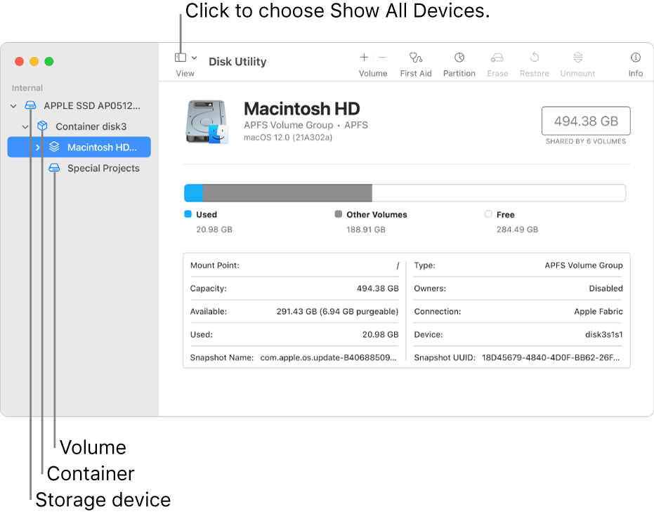 A Disk Utility window, showing three volumes, a container and a storage device in Show All Devices view.