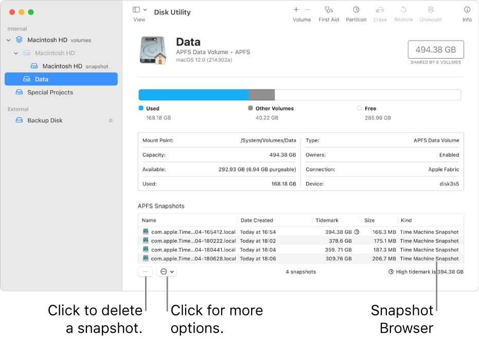 A Disk Utility window showing the snapshot browser.