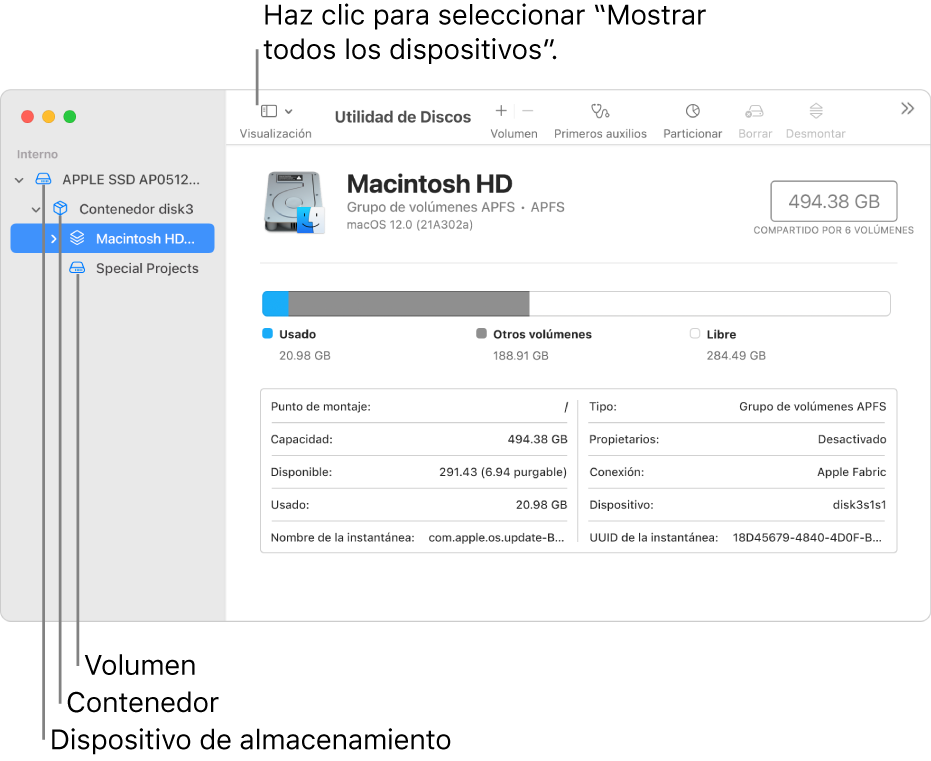 La ventana Utilidad de Discos mostrando tres volúmenes, un contenedor y un dispositivo de almacenamiento en la visualización “Mostrar todos los dispositivos”.