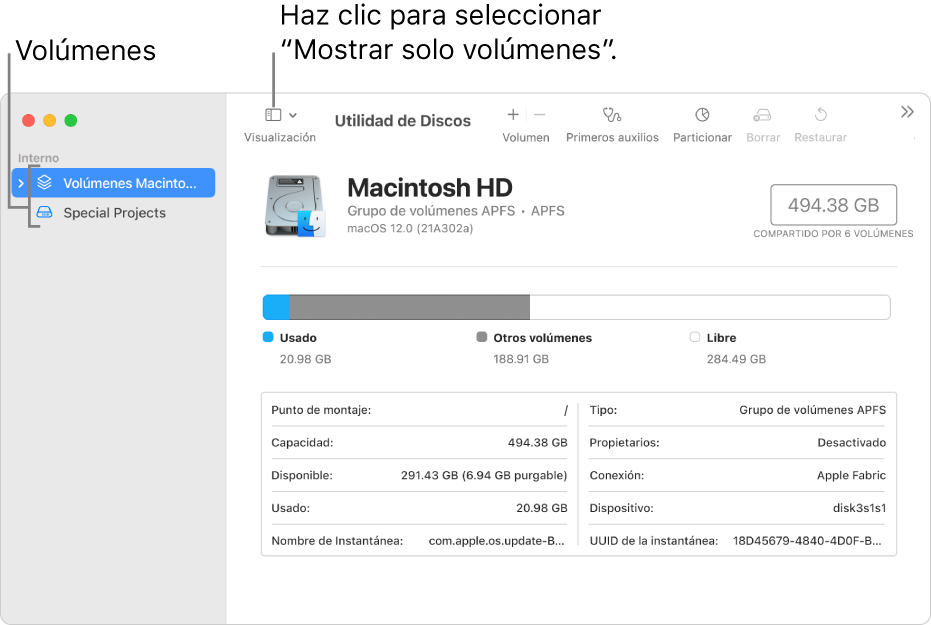 La ventana Utilidad de Discos con la visualización “Mostrar sólo los volúmenes”.