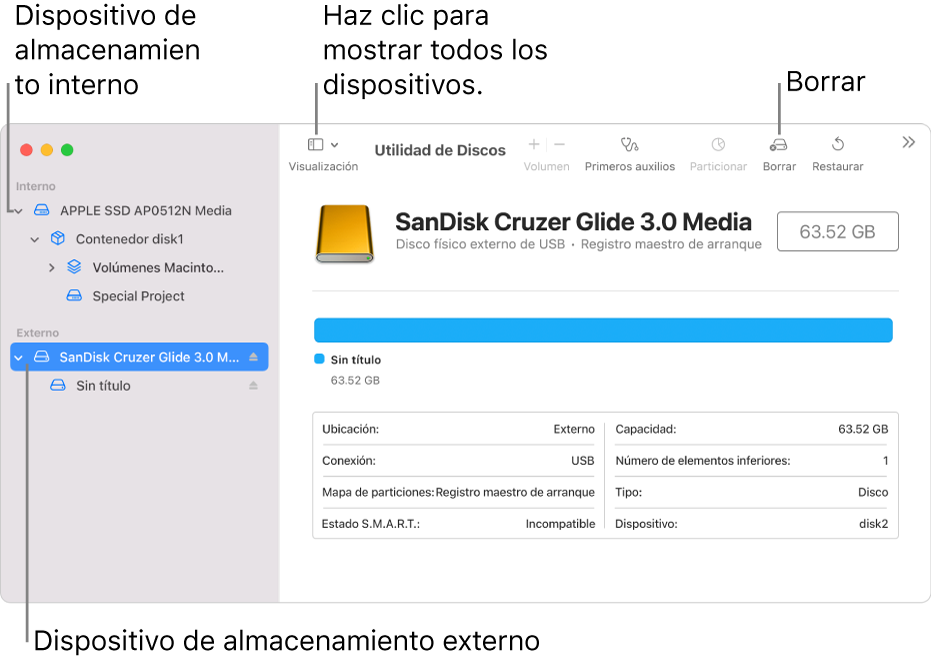 La ventana de Utilidad de Discos mostrando dos dispositivos de almacenamiento en la visualización “Mostrar todos los dispositivos”.