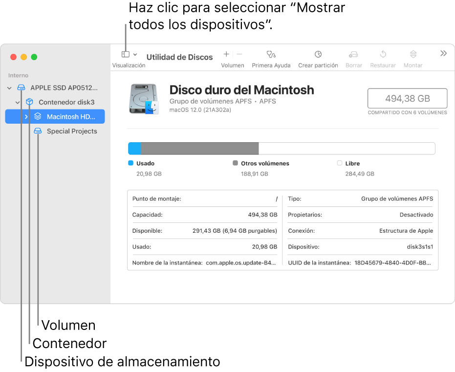 Una ventana de Utilidad de Discos, con tres volúmenes, un contenedor y un dispositivo de almacenamiento en la visualización “Mostrar todos los dispositivos”.