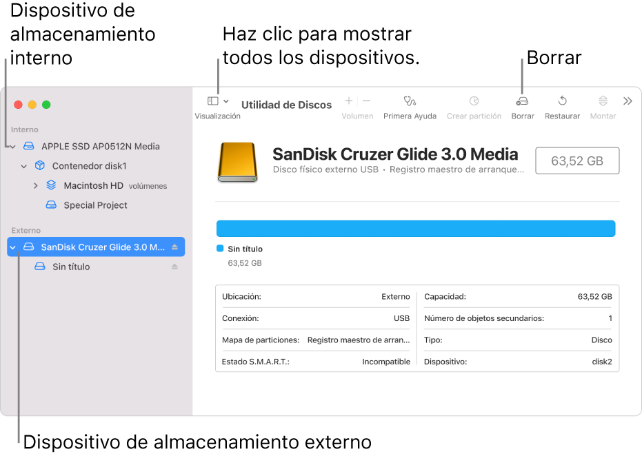 Una ventana de Utilidad de Discos con dos dispositivos de almacenamiento en la vista “Mostrar todos los dispositivos”.