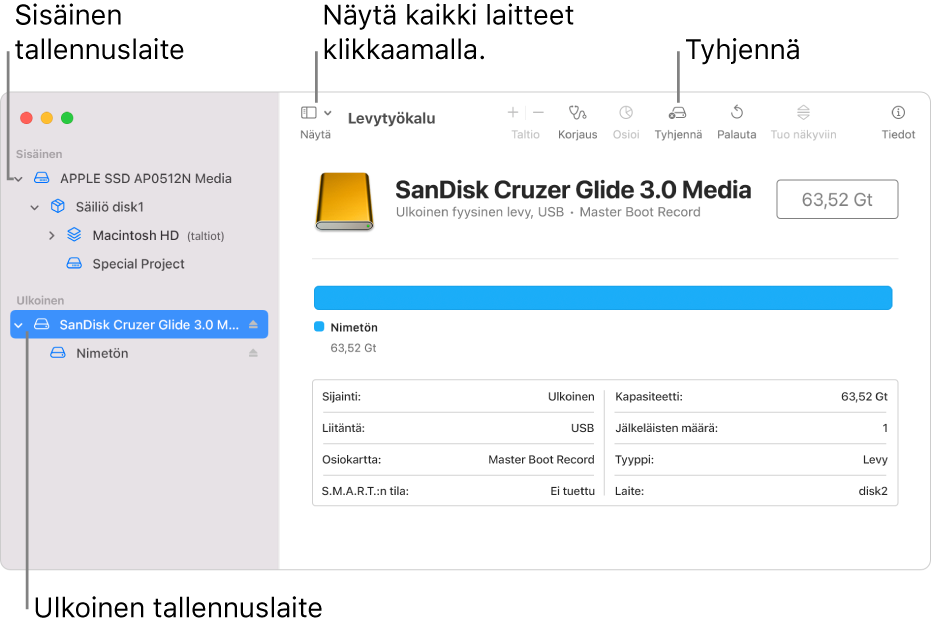 Levytyökalu-ikkuna jossa näkyy kaksi tallennuslaitetta Näytä kaikki laitteet -näkymässä.