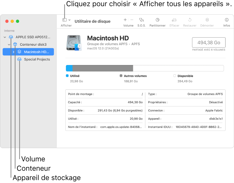 Fenêtre Utilitaire de disque affichant trois volumes, un conteneur et un appareil de stockage en présentation Afficher tous les appareils.