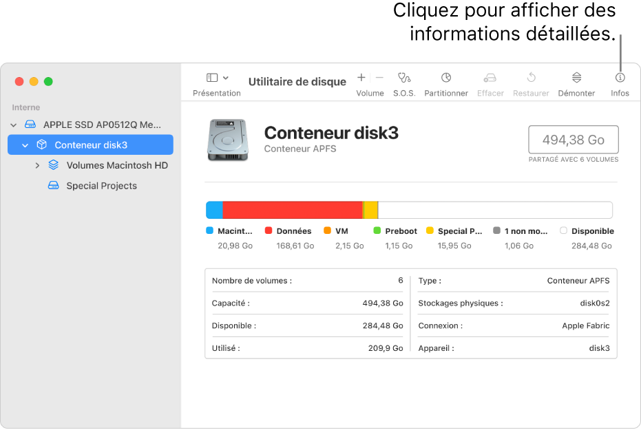 Une fenêtre Utilitaire de disque affichant un périphérique de stockage sélectionné dans la barre latérale et les informations le concernant à droite.