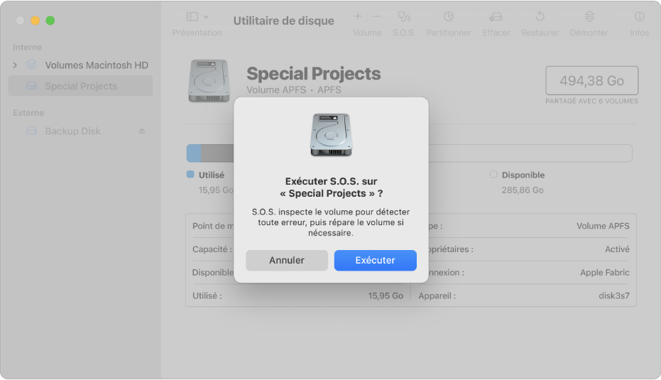 Une fenêtre Utilitaire de disque affichant la zone de dialogue de confirmation de S.O.S.