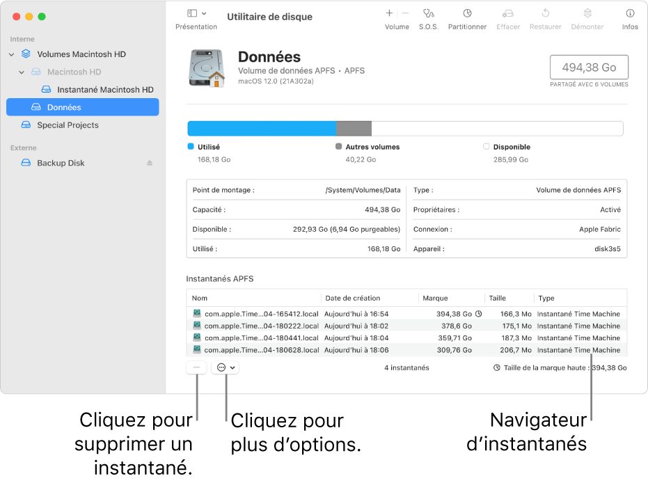 Une fenêtre Utilitaire de disque affichant le navigateur d’instantanés.