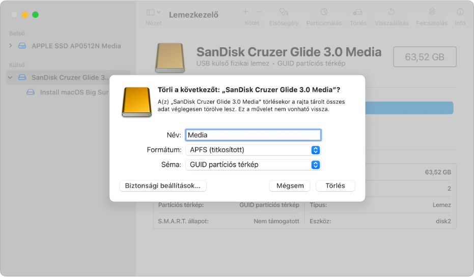 A Lemezkezelő ablaka a törlés párbeszédpanellel, amelyben egy flash-meghajtó formázása van beállítva titkosított APFS formátumra.