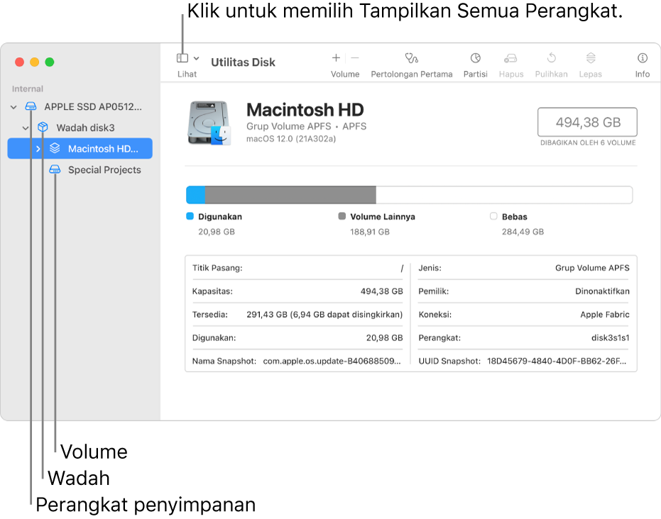 Jendela Utilitas Disk, menampilkan tiga volume, wadah, dan perangkat penyimpanan di tampilan Tampilkan Semua Perangkat.