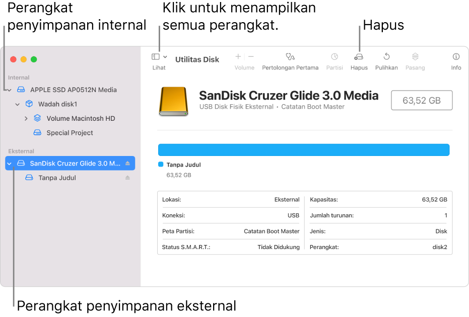 Jendela Utilitas Disk menampilkan dua perangkat penyimpanan di tampilan Tampilkan Semua Perangkat.