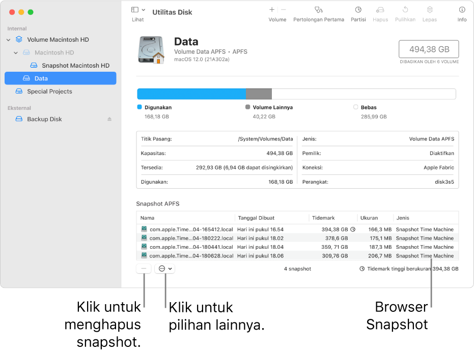 Jendela Utilitas Disk menampilkan browser snapshot.