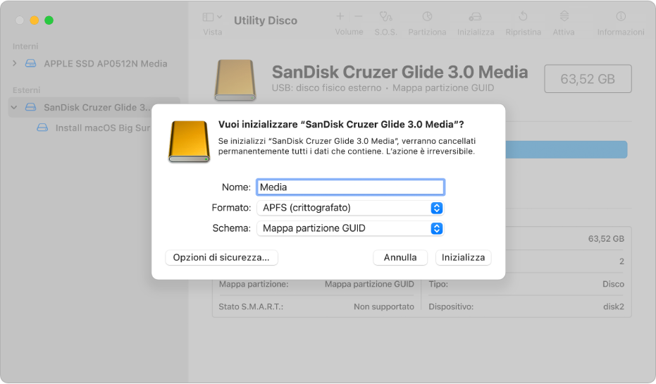 Finestra di Utility Disco con la finestra di dialogo impostata per riformattare un'unità flash con un formato codificato APFS.