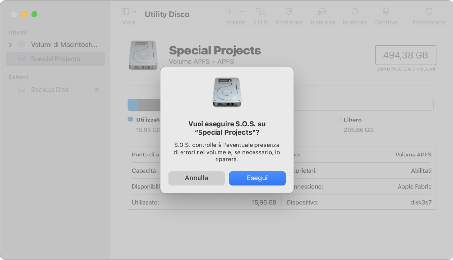 Una finestra di Utility Disco che la finestra di dialogo per la conferma di S.O.S.