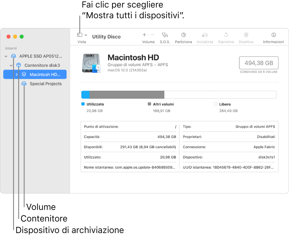 Una finestra di Utility Disco, che mostra tre volumi, un contenitore e un dispositivo di archiviazione nella vista “Mostra tutti i dispositivi”.