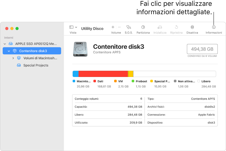 Finestra di Utility Disco con un dispositivo di archiviazione selezionato nella barra laterale e informazioni sul dispositivo visualizzate sulla destra.