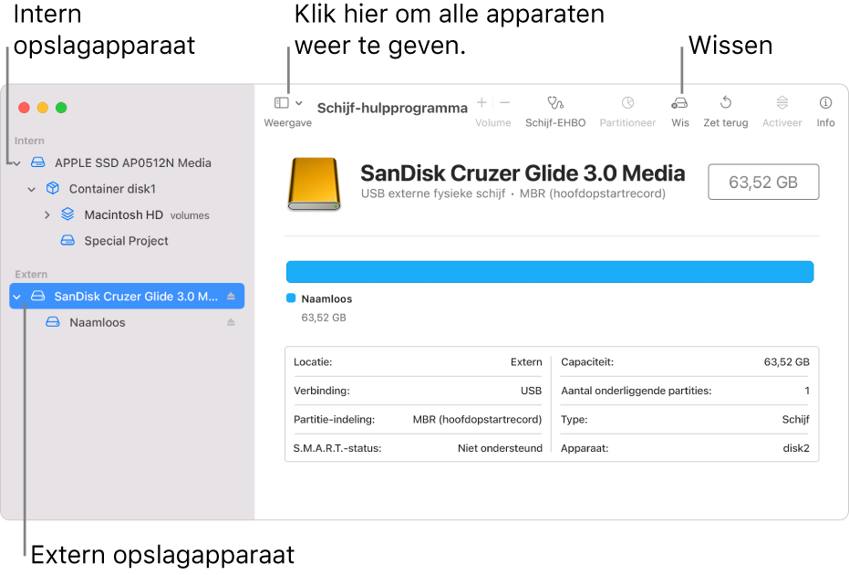 Een venster van Schijfhulpprogramma met twee opslagapparaten in de weergave 'Toon alle apparaten'.