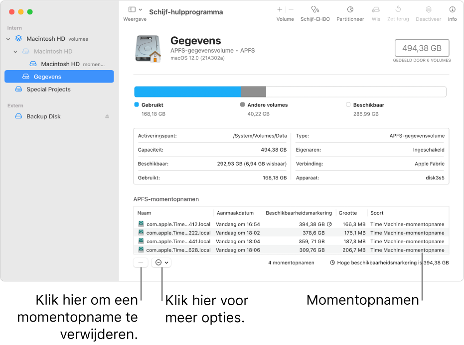 Een venster van Schijfhulpprogramma met de momentopnamekiezer.