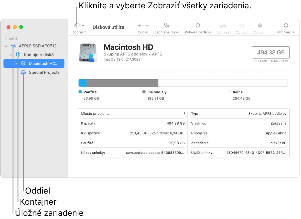 Okno Diskovej utility zobrazujúce tri oddiely, kontajner a úložné zariadenie v zobrazení Zobraziť všetky zariadenia.