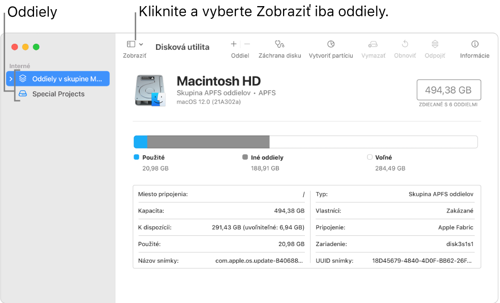 Okno Diskovej utility v zobrazení oddielov.