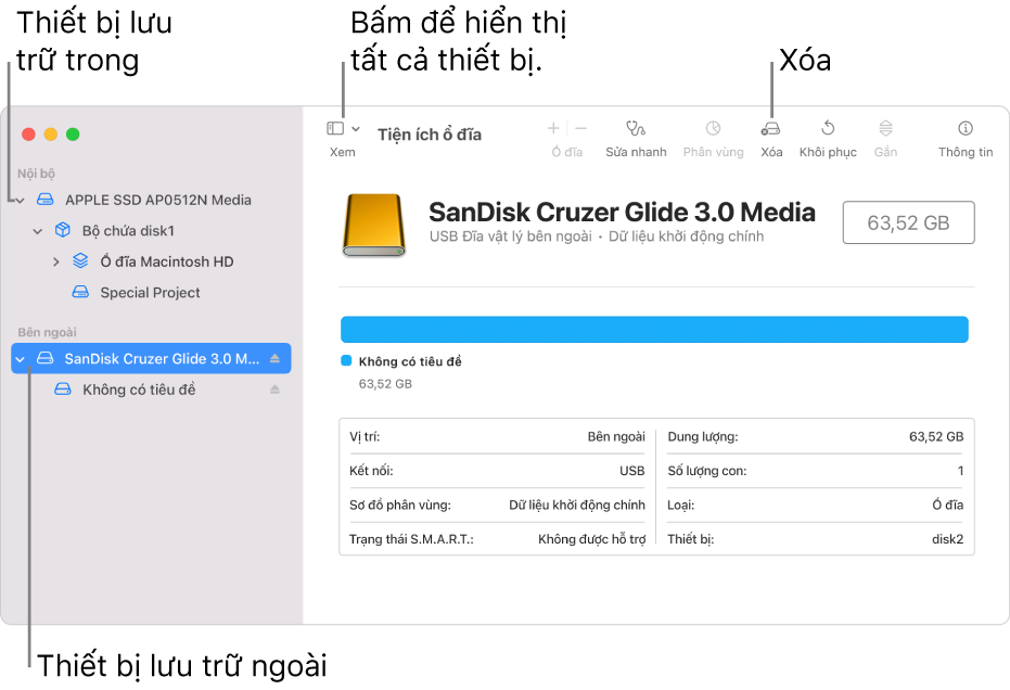 Cửa sổ Tiện ích ổ đĩa đang hiển thị hai thiết bị lưu trữ trong chế độ xem Hiển thị tất cả thiết bị.