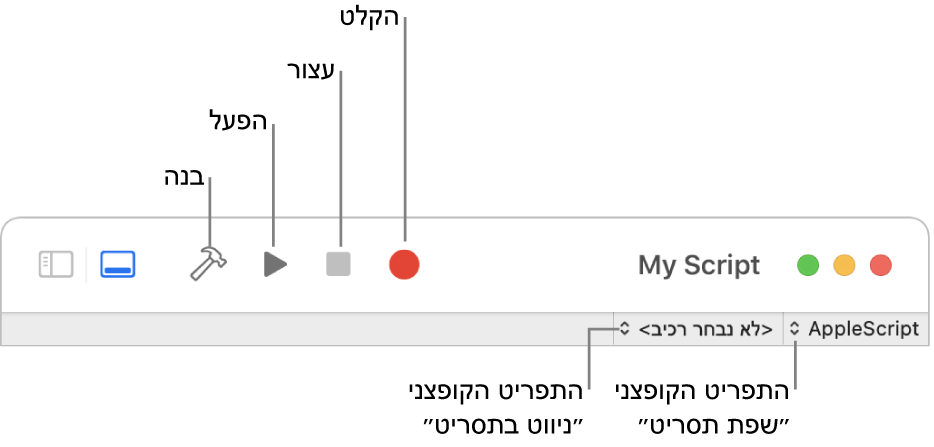 סרגל הכלים של ״עורך התסריטים״ מציג את הפקדים ״הקלטה״, ״עצירה״, ״הפעלה״, ״בנייה״, ״שפת תסריט״ ו״ניווט בתסריט״.