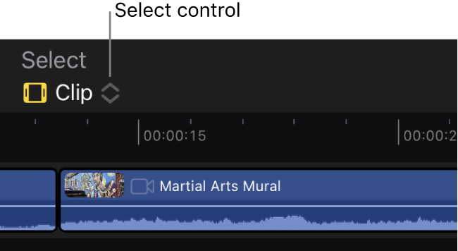 The Select control in the top-left corner of the timeline, with the selection mode set to Clip.