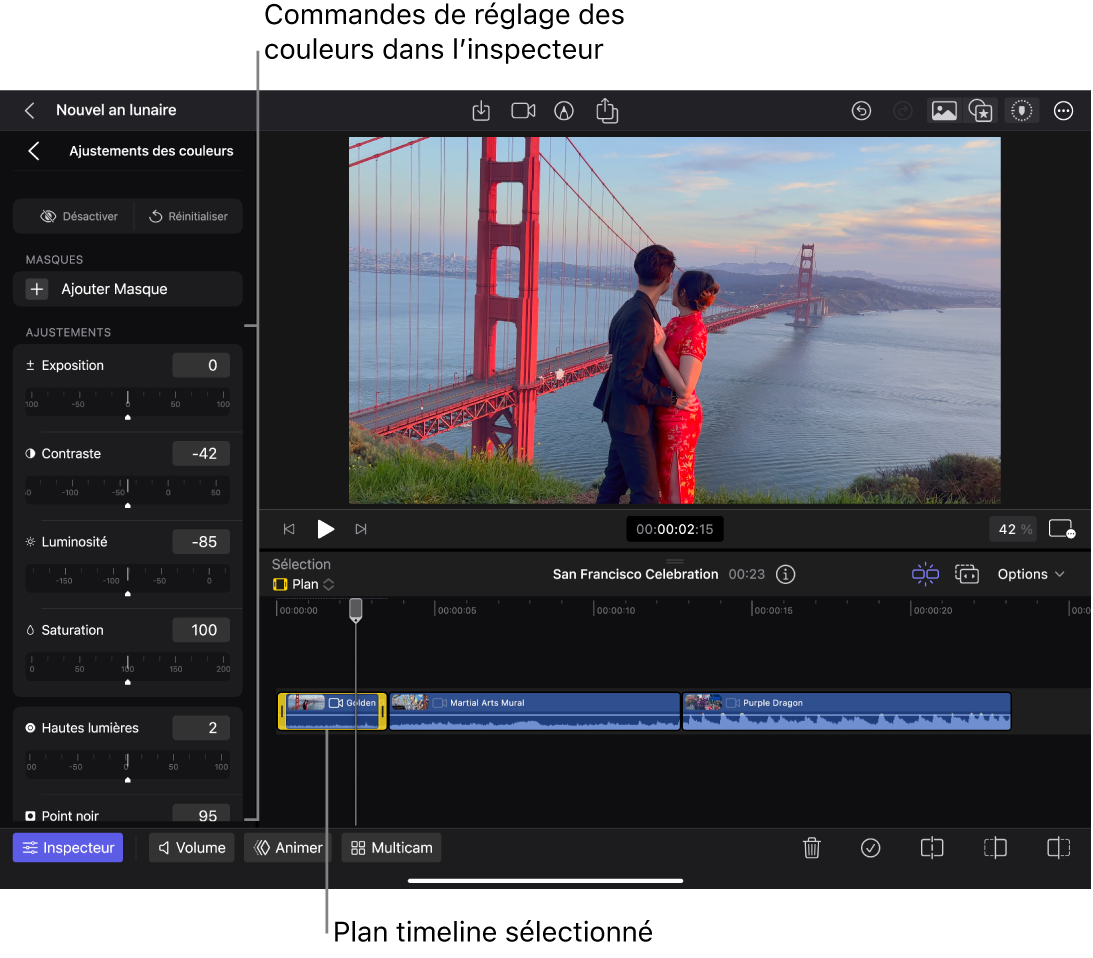 Un plan sélectionné dans la timeline, et l’inspecteur ouvert sur la gauche montrant les commandes d’ajustement des couleurs.